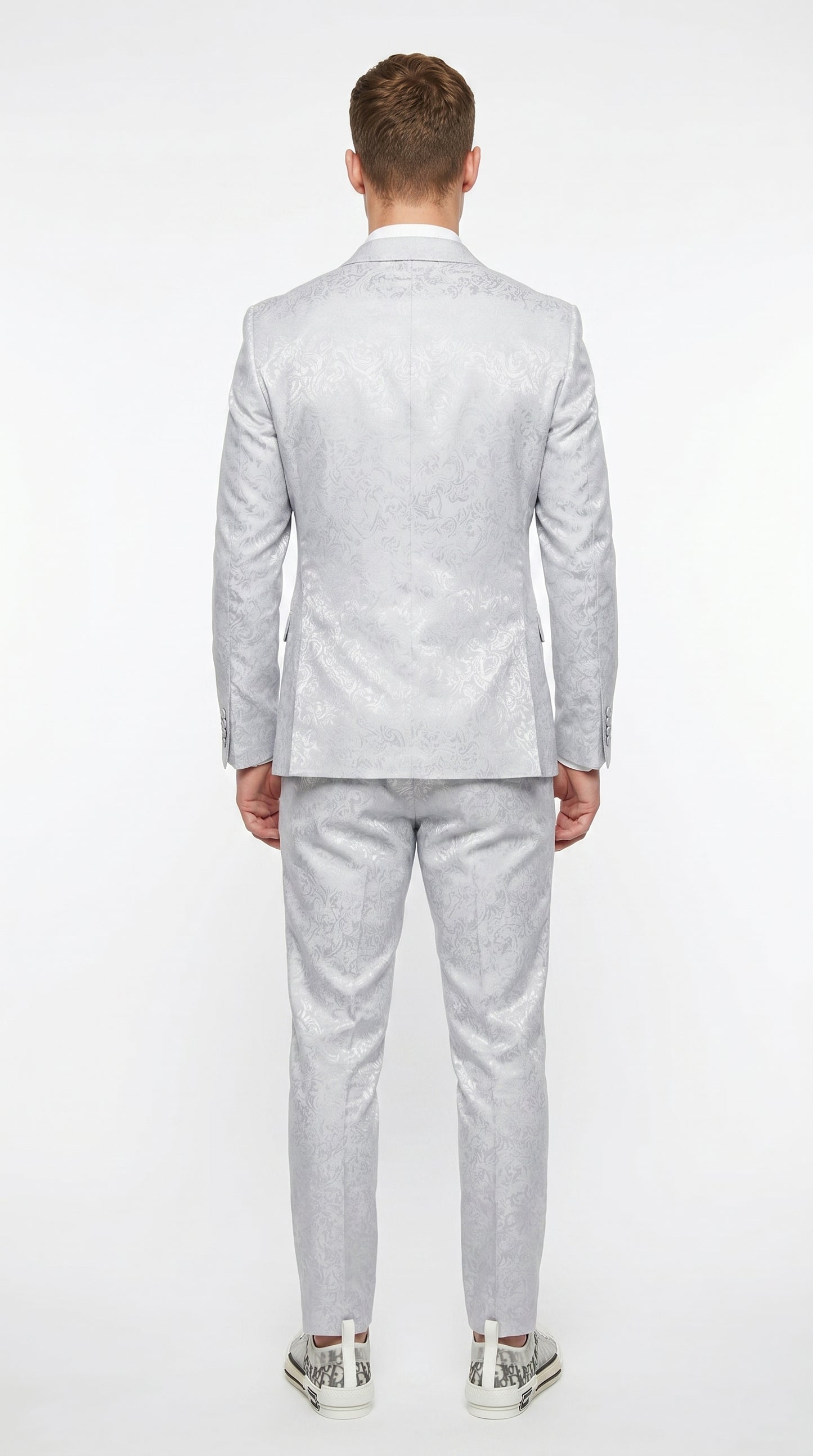 Men’s Silver Grey Shiny Paisley Graduation Suit, Formal Prom Wedding Dress Suit Modern Fit