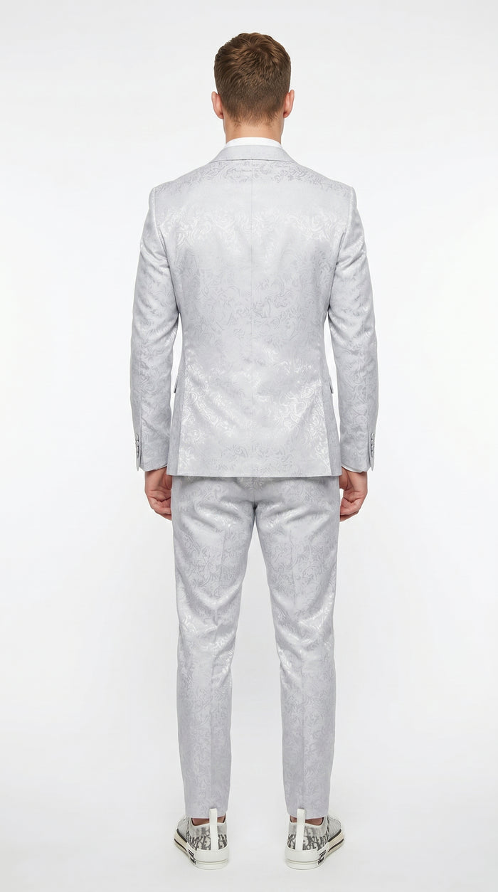 Men’s Silver Grey Shiny Paisley Graduation Suit, Formal Prom Wedding Dress Suit Modern Fit