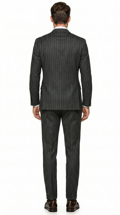 Men’s Grey Pinstripe Slim Fit Wool Suit with 2 Button Jacket and Peak Lapel
