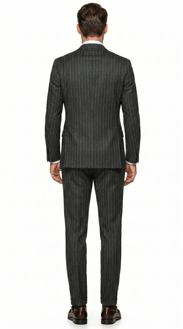 Men’s Grey Pinstripe Slim Fit Wool Suit with 2 Button Jacket and Peak Lapel