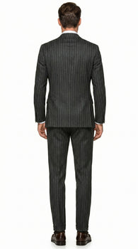 Men’s Grey Pinstripe Slim Fit Wool Suit with 2 Button Jacket and Peak Lapel
