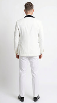 Men’s White and Black Wedding Tuxedo with Black Double Breasted Vest, Groom Prom Suit