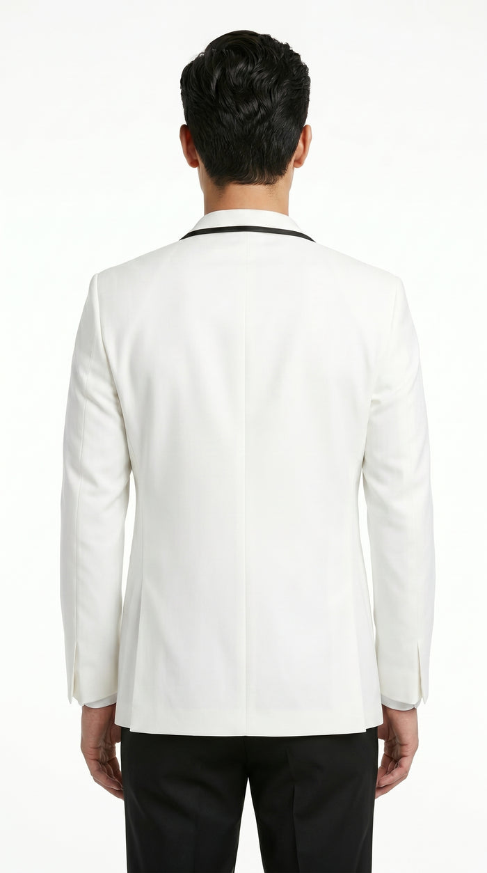 Men’s Waverly White Tuxedo Jacket by Ike Evening, Formal Dinner Jacket with Black Trim