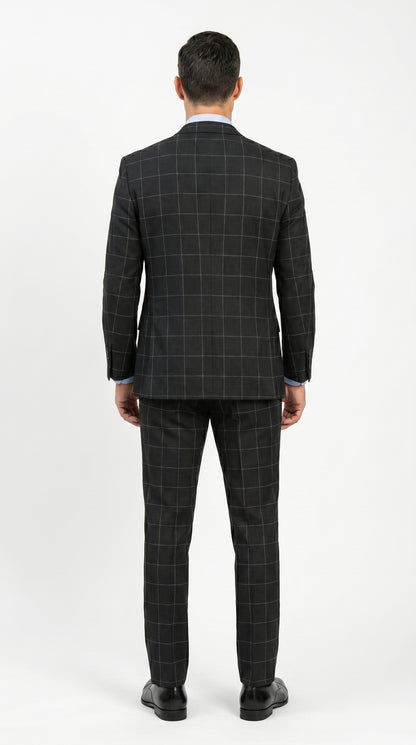 Men’s Black Windowpane Plaid 3 Piece Suit, 1920s Inspired Formal Dress Suit