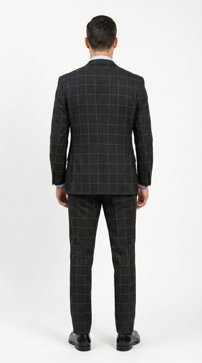 Men’s Black Windowpane Plaid 3 Piece Suit, 1920s Inspired Formal Dress Suit