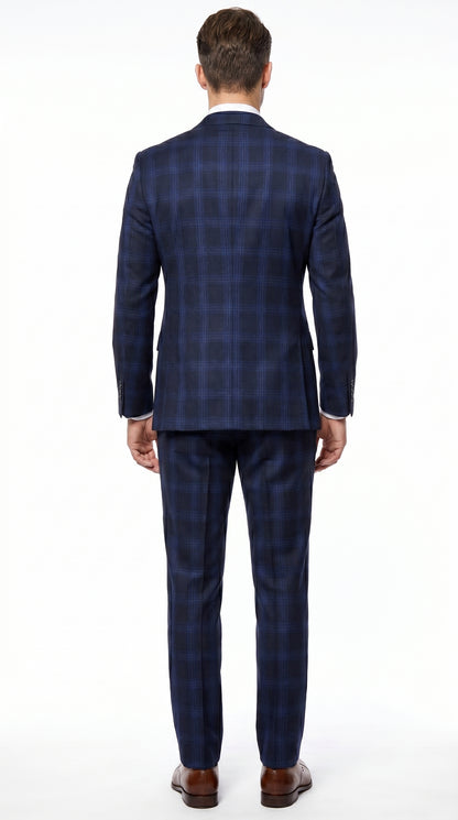 Men’s Indigo Sapphire Blue Plaid 3 Piece Suit with Double Breasted Vest, Slim Fit Windowpane Suit