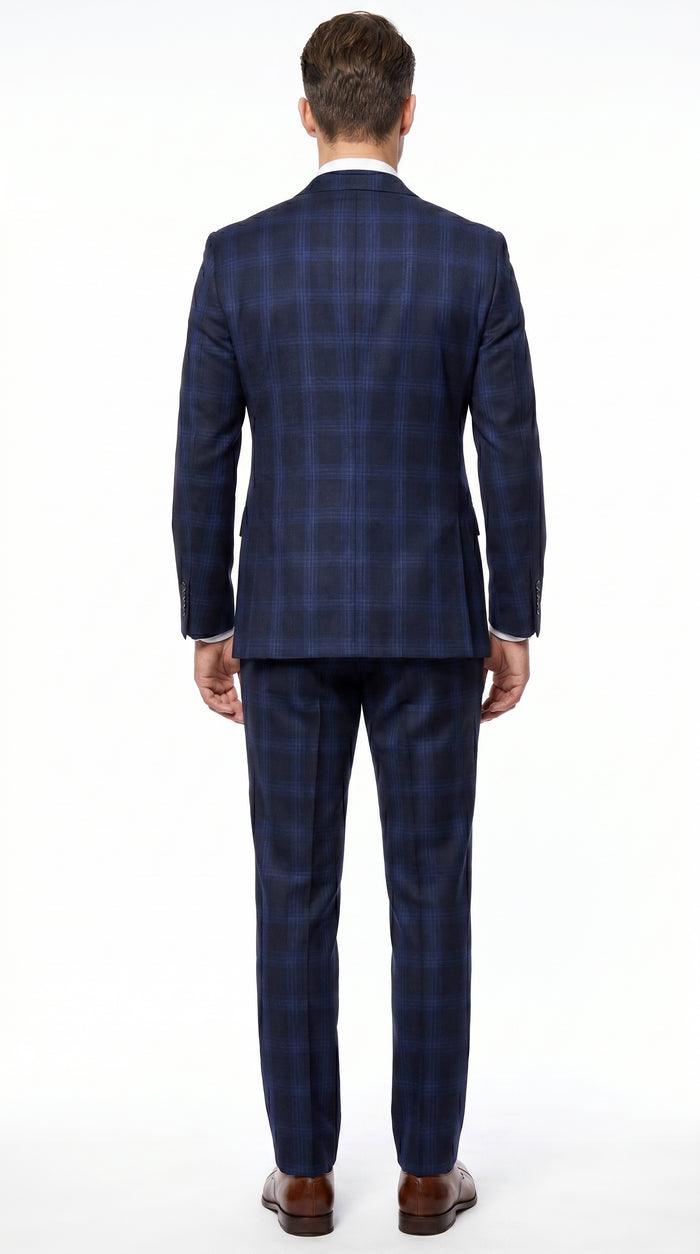 Men’s Indigo Sapphire Blue Plaid 3 Piece Suit with Double Breasted Vest, Slim Fit Windowpane Suit