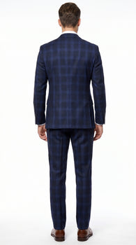 Men’s Indigo Sapphire Blue Plaid 3 Piece Suit with Double Breasted Vest, Slim Fit Windowpane Suit