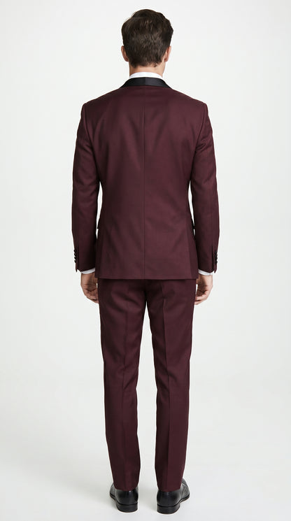 Men’s Maroon Slim Fit Tuxedo with Black Satin Lapel, Burgundy Wine Formal Prom Suit