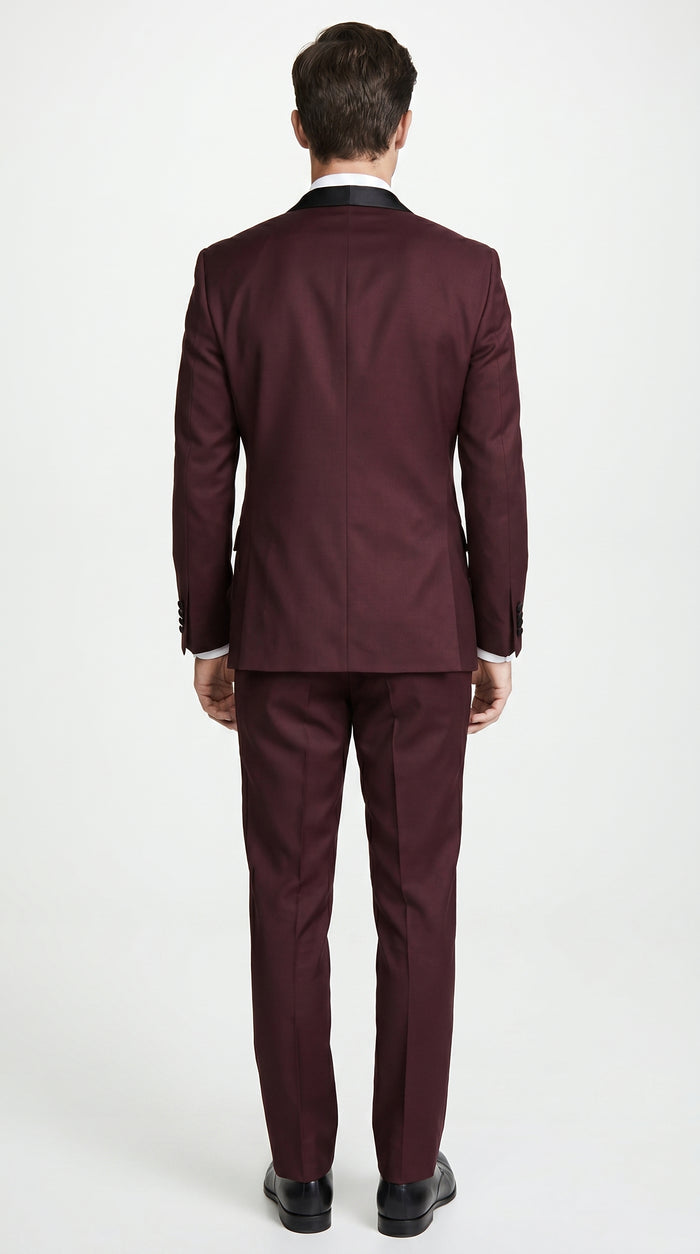 Men’s Maroon Slim Fit Tuxedo with Black Satin Lapel, Burgundy Wine Formal Prom Suit