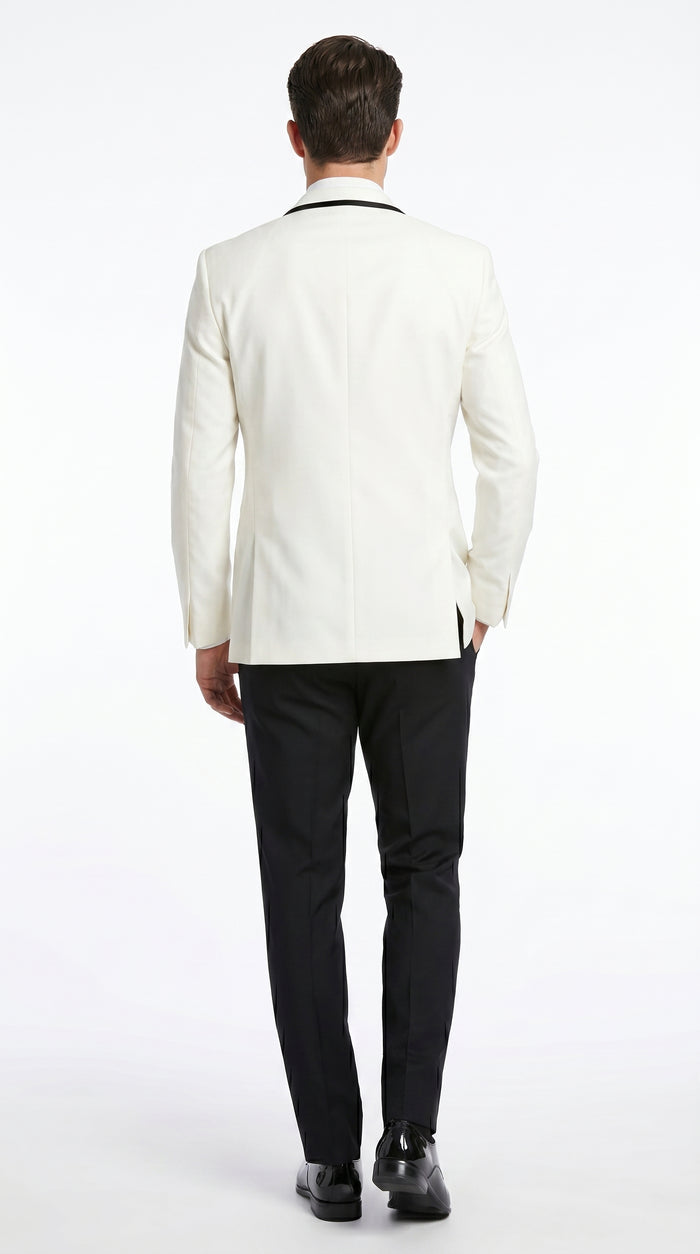 Men’s One Button Ivory Tuxedo Suit with Black Trim, Formal Wedding Prom Dinner Jacket