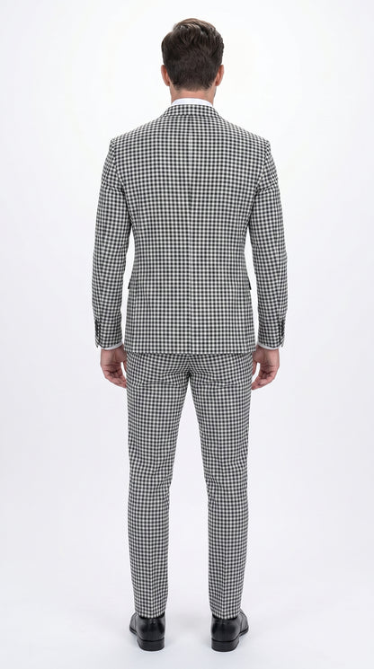 Men’s Black & White Houndstooth Double Breasted Wool Suit – 2 Piece Peak Lapel Suit Modern Fit