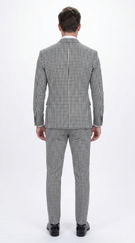 Men’s Black & White Houndstooth Double Breasted Wool Suit – 2 Piece Modern Fit Peak Lapel Suit