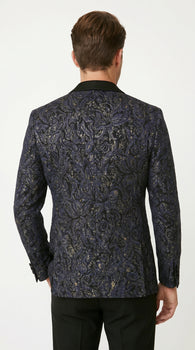Men’s Navy Black Glitter Floral Tuxedo Dinner Jacket with Satin Lapel, Sequin Formal Blazer