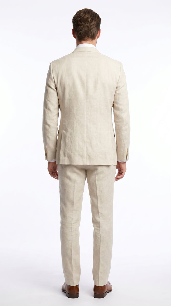 Men’s Natural Linen 2 Piece Suit with Side Vents, Two Button Regular Fit Summer Dress Suit
