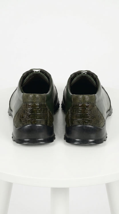 Men’s Los Altos Olive Green Ostrich Leg Sneaker, Exotic Leather Casual Dress Shoe