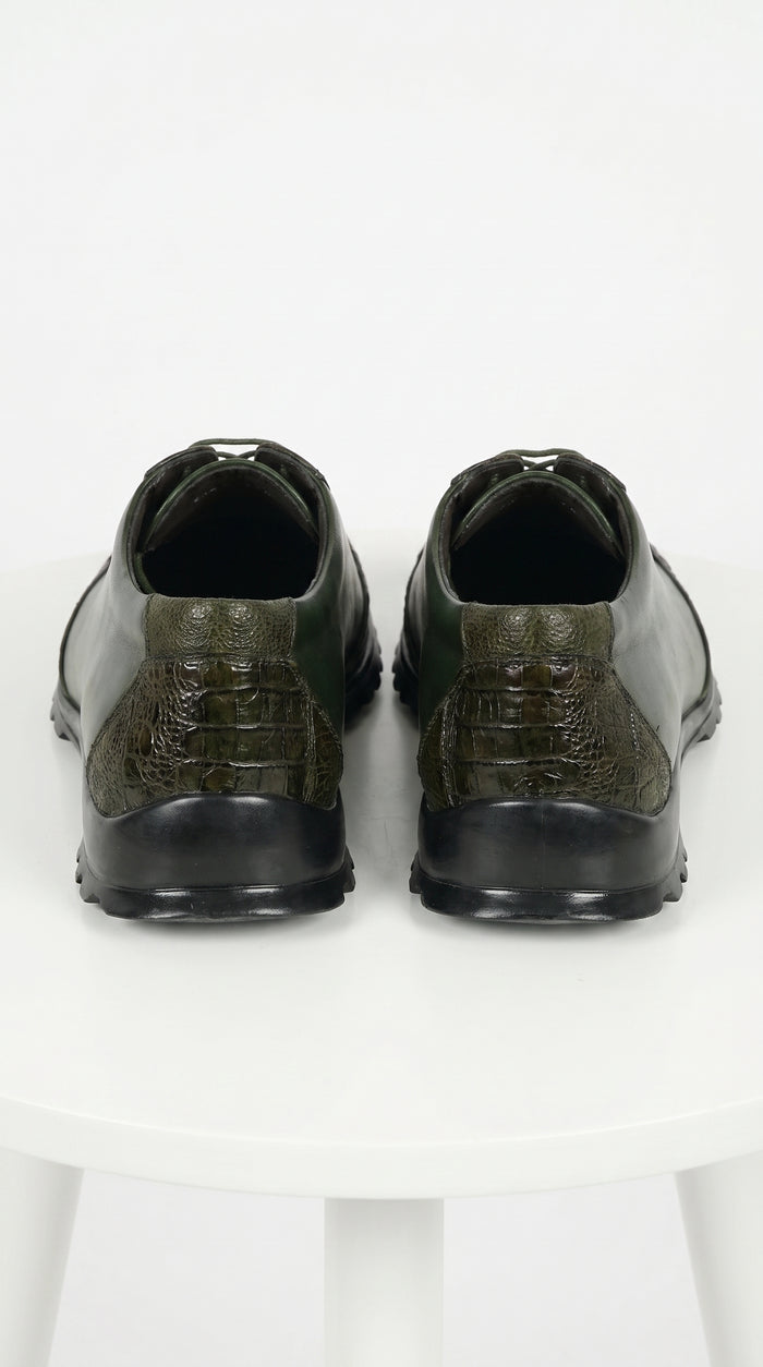 Men’s Los Altos Olive Green Ostrich Leg Sneaker, Exotic Leather Casual Dress Shoe