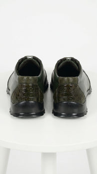 Men’s Los Altos Olive Green Ostrich Leg Sneaker, Exotic Leather Casual Dress Shoe