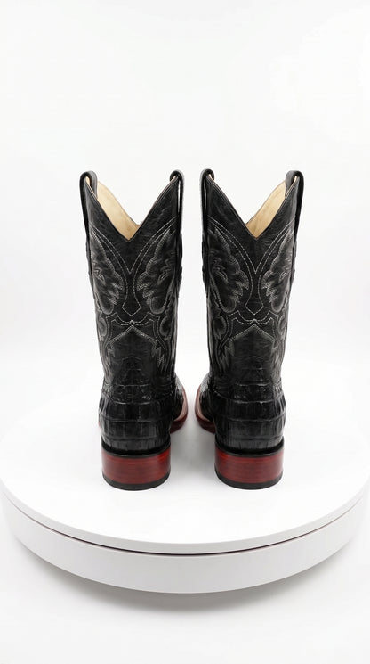 Men’s Black Caiman Square Toe Cowboy Boots, Exotic Western Dress Boots