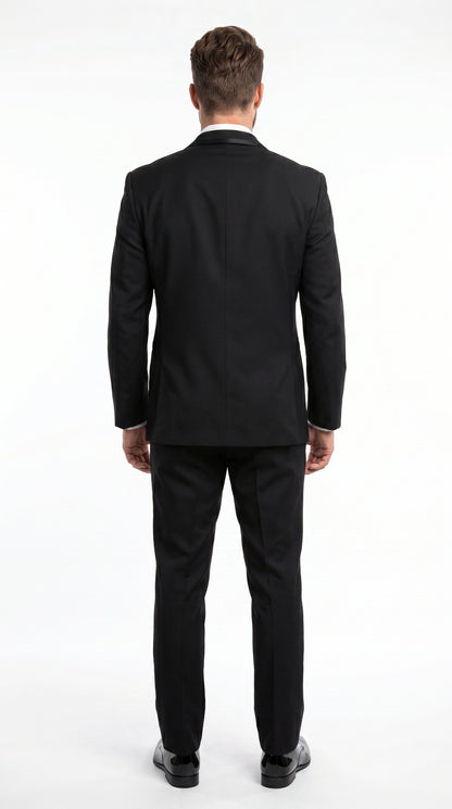 Men’s Black Modern 1 Button Tuxedo Suit with Satin Trim Peak Lapel and Wide Lapel Design