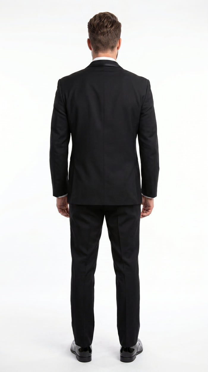 Men’s Black Modern 1 Button Tuxedo Suit with Satin Trim Peak Lapel and Wide Lapel Design