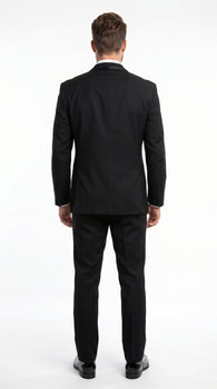 Men’s Black Modern 1 Button Tuxedo Suit with Satin Trim Peak Lapel and Wide Lapel Design