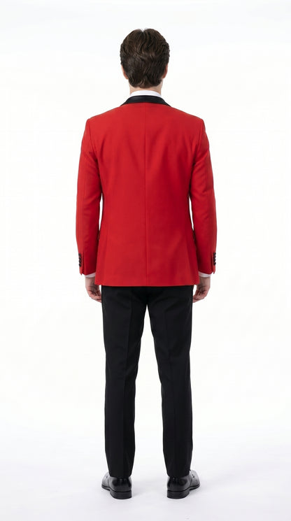 Men’s Red Prom Tuxedo Suit with Vest and Black Trim, Formal Wedding Dinner Suit