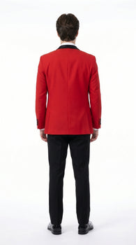 Men’s Red Prom Tuxedo Suit with Vest and Black Trim, Formal Wedding Dinner Suit
