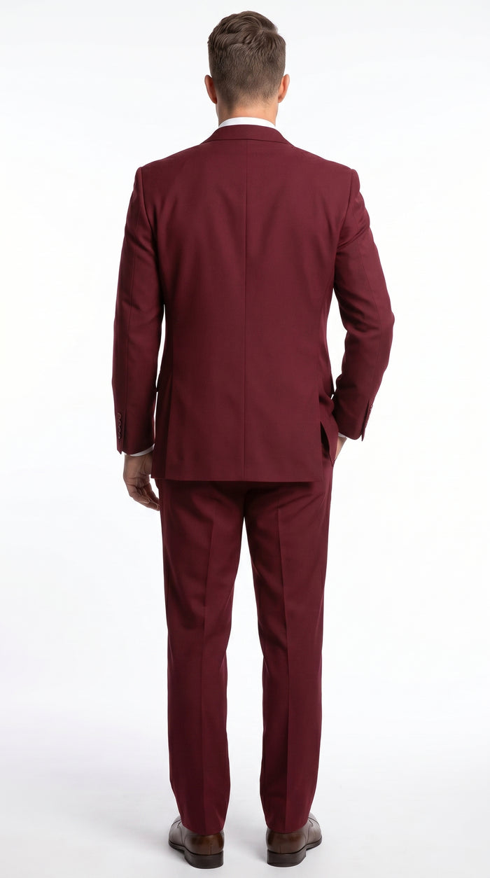 Men’s Burgundy Wine Maroon 3 Piece Vested Suit, Peak Lapel Formal Wedding Church Dress Suit Set