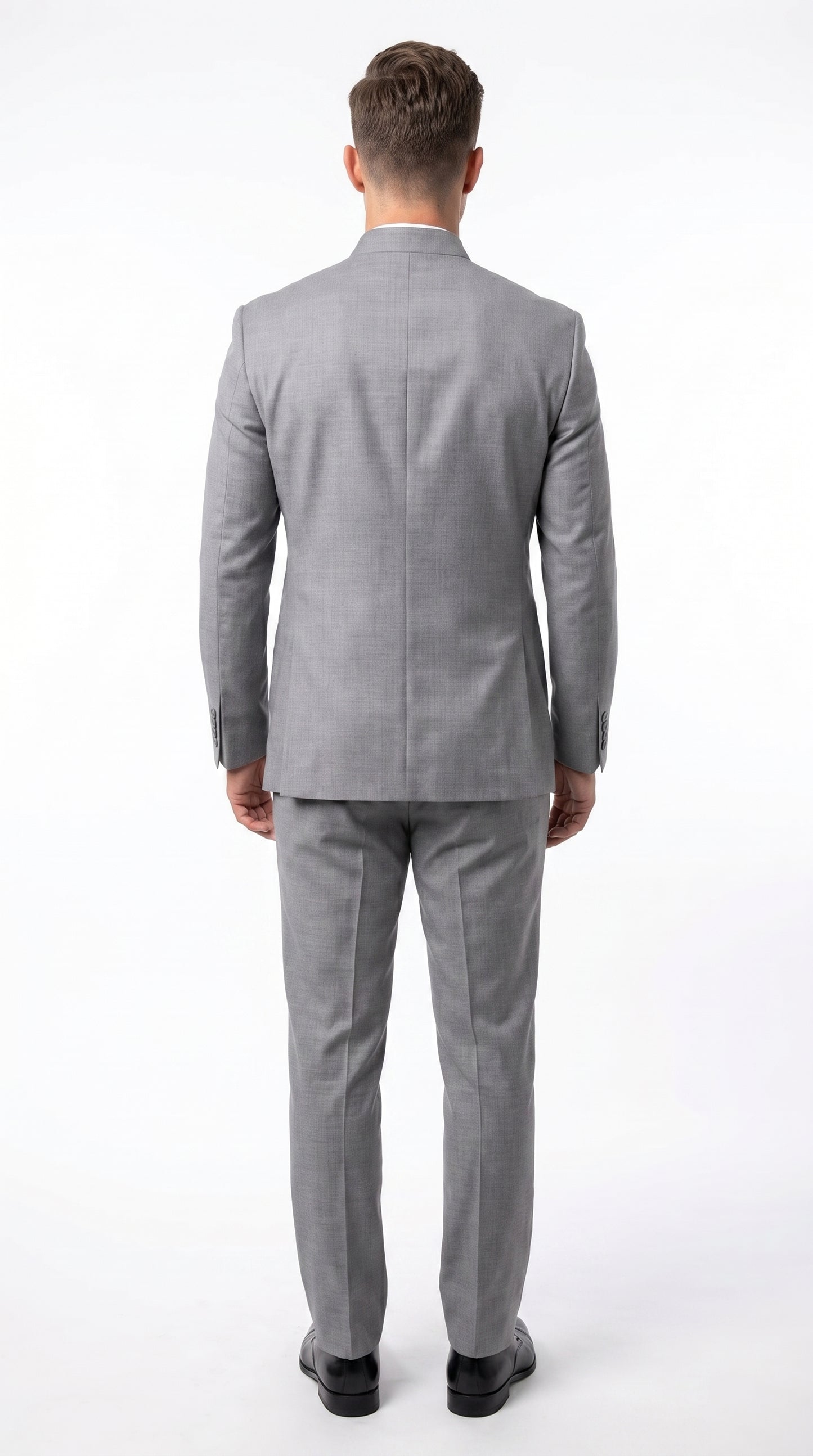Alberto Nardoni Men’s Light Grey Mandarin Collar Suit, Banded No Collar Formal Wedding Church Suit