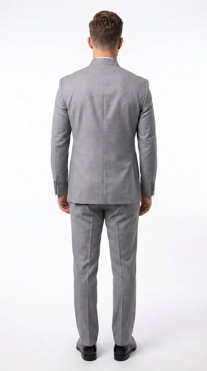Alberto Nardoni Men’s Light Grey Mandarin Collar Suit, Banded No Collar Formal Wedding Church Suit