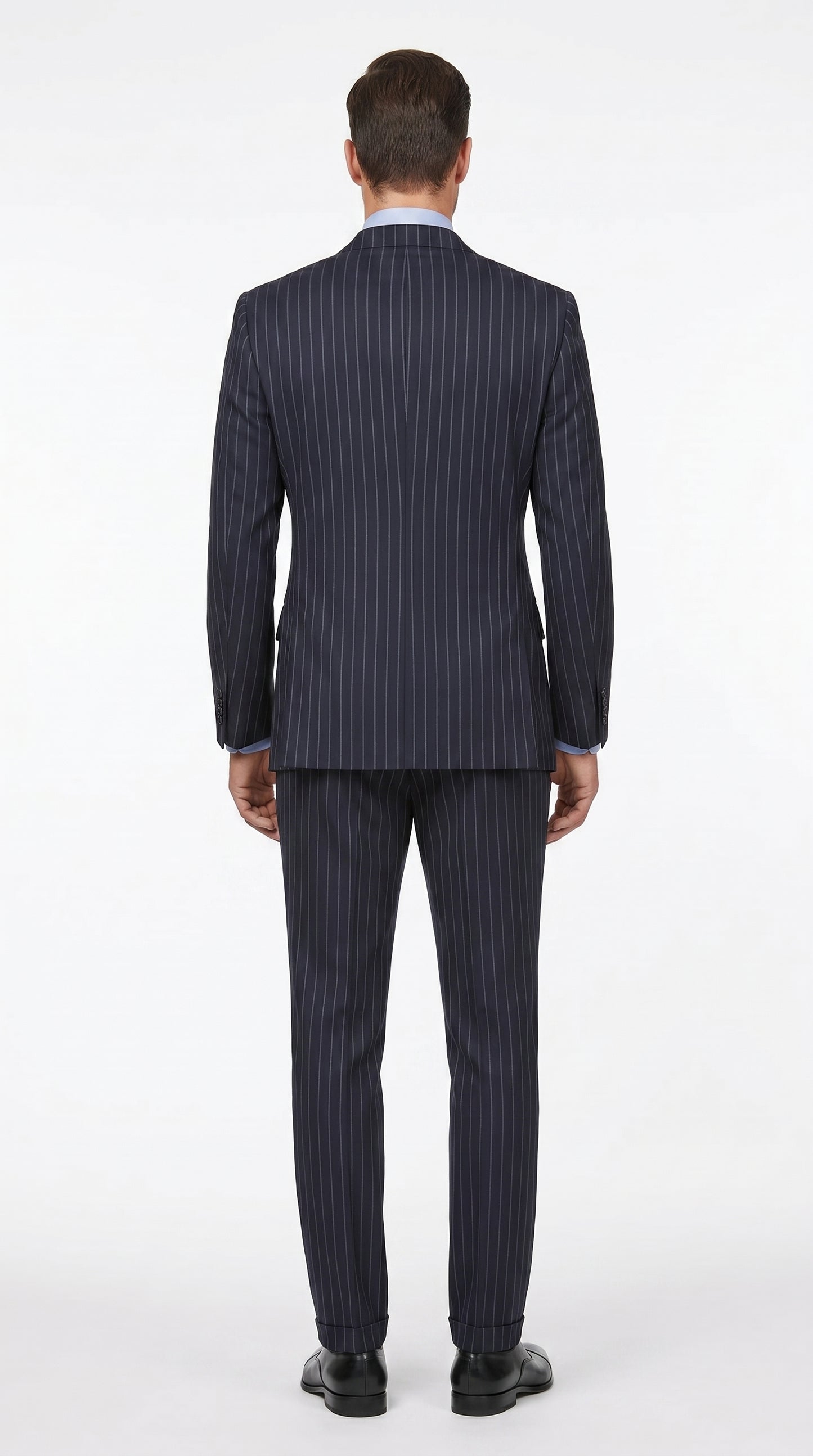 Men’s Dark Navy Blue Chalk Pinstripe Double Breasted Suit, Formal Wedding Business Dress Suit Set Modern Fit