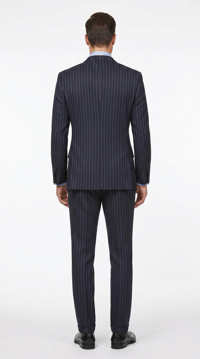 Men’s Dark Navy Blue Chalk Pinstripe Double Breasted Suit, Formal Wedding Business Dress Suit Set Modern Fit