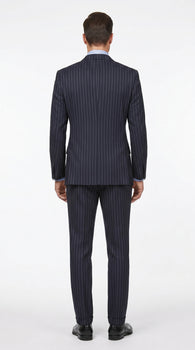 Men’s Dark Navy Blue Chalk Pinstripe Double Breasted Suit, Formal Wedding Business Dress Suit Set