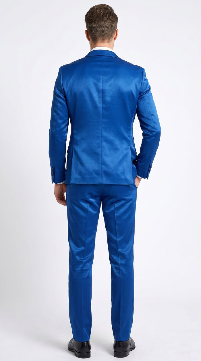 Men’s Shiny Metallic Blue Sharkskin Suit, Single Breasted Formal Wedding Prom Dress Suit Set  Modern Fit