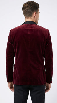 Men’s Burgundy Velvet Tuxedo Blazer with Black Satin Lapel, Crushed Velour Formal Sport Coat