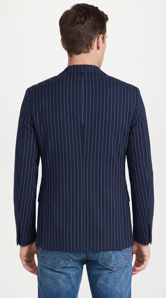 Men’s Navy Blue Chalk Pinstripe Blazer Sport Coat – 1920s Gangster Style Dress Jacket