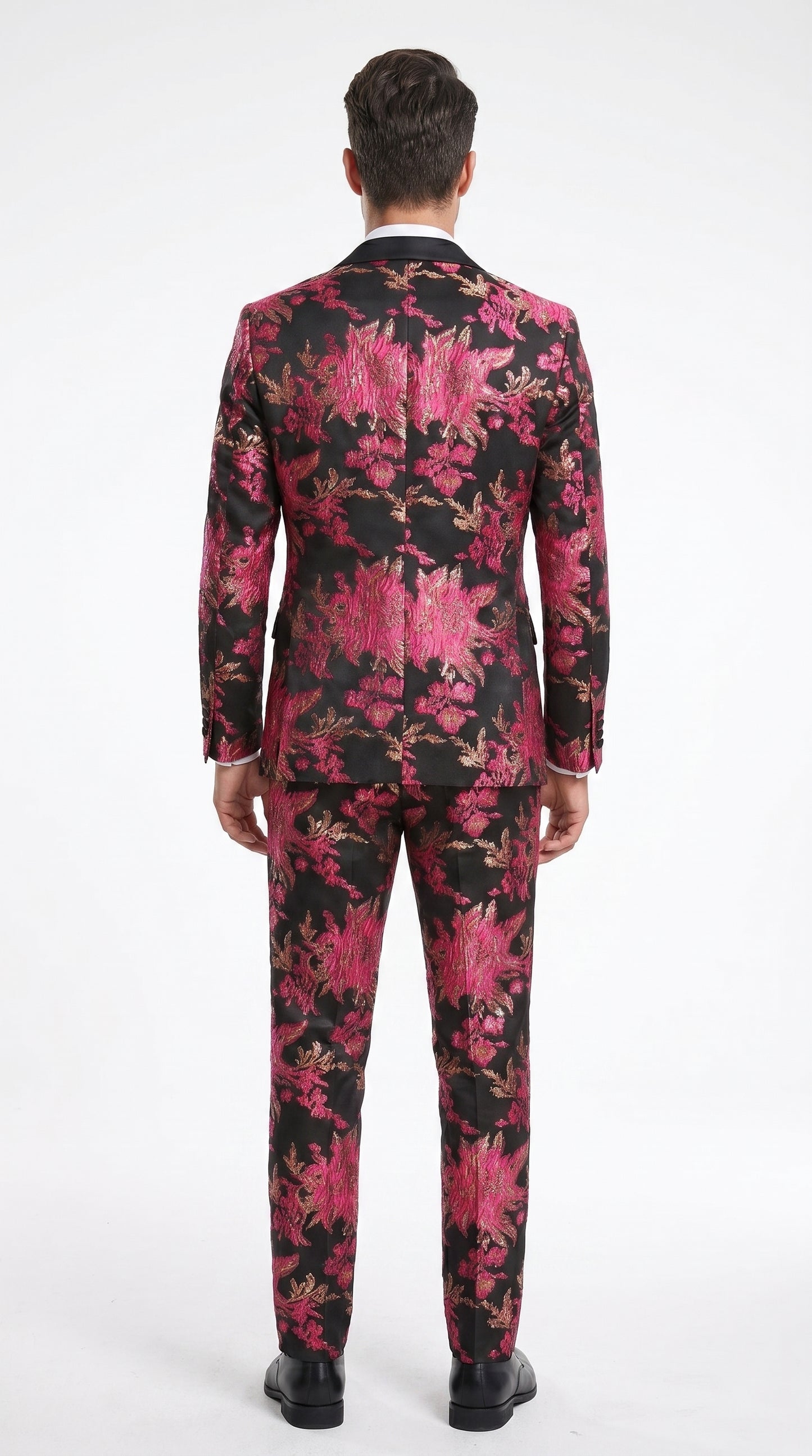 Men’s Fuchsia Pink and Black Floral Paisley Prom Tuxedo Suit, Shawl Lapel Wedding Party Formal Wear