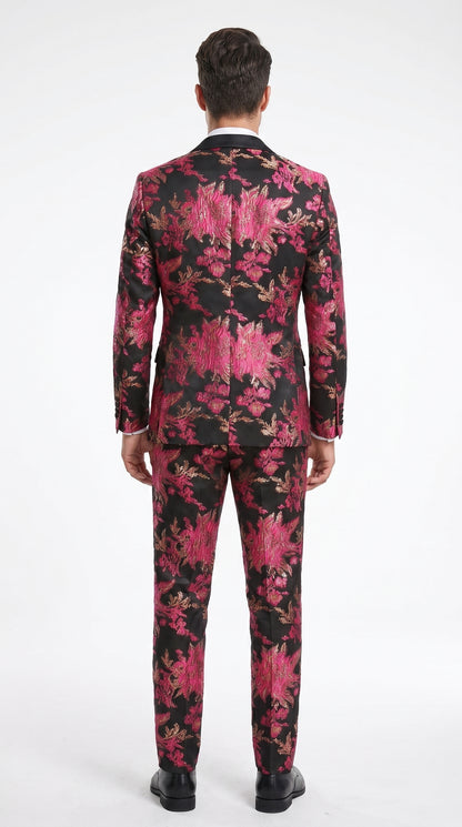 Men’s Fuchsia Pink and Black Floral Paisley Prom Tuxedo Suit, Shawl Lapel Wedding Party Formal Wear