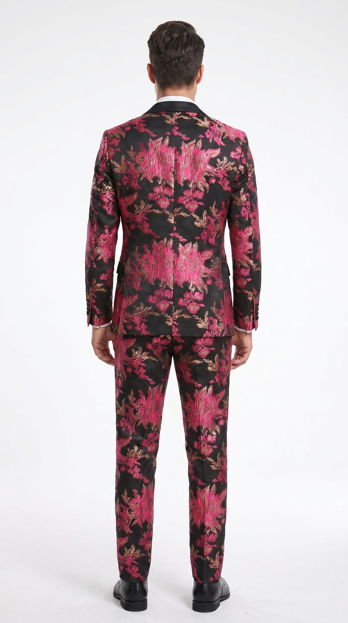 Men’s Fuchsia Pink and Black Floral Paisley Prom Tuxedo Suit, Shawl Lapel Wedding Party Formal Wear