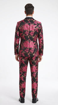 Men’s Fuchsia Pink and Black Floral Paisley Prom Tuxedo Suit, Shawl Lapel Wedding Party Formal Wear