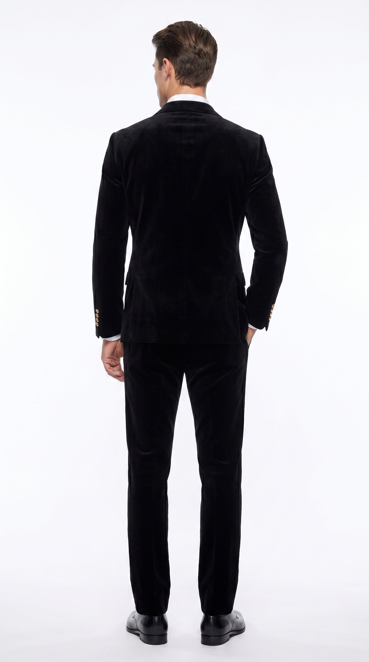 Men’s Rossi Man Zeus Black Velvet Double Breasted Tuxedo Suit, Formal Wedding Prom Dinner Suit Set