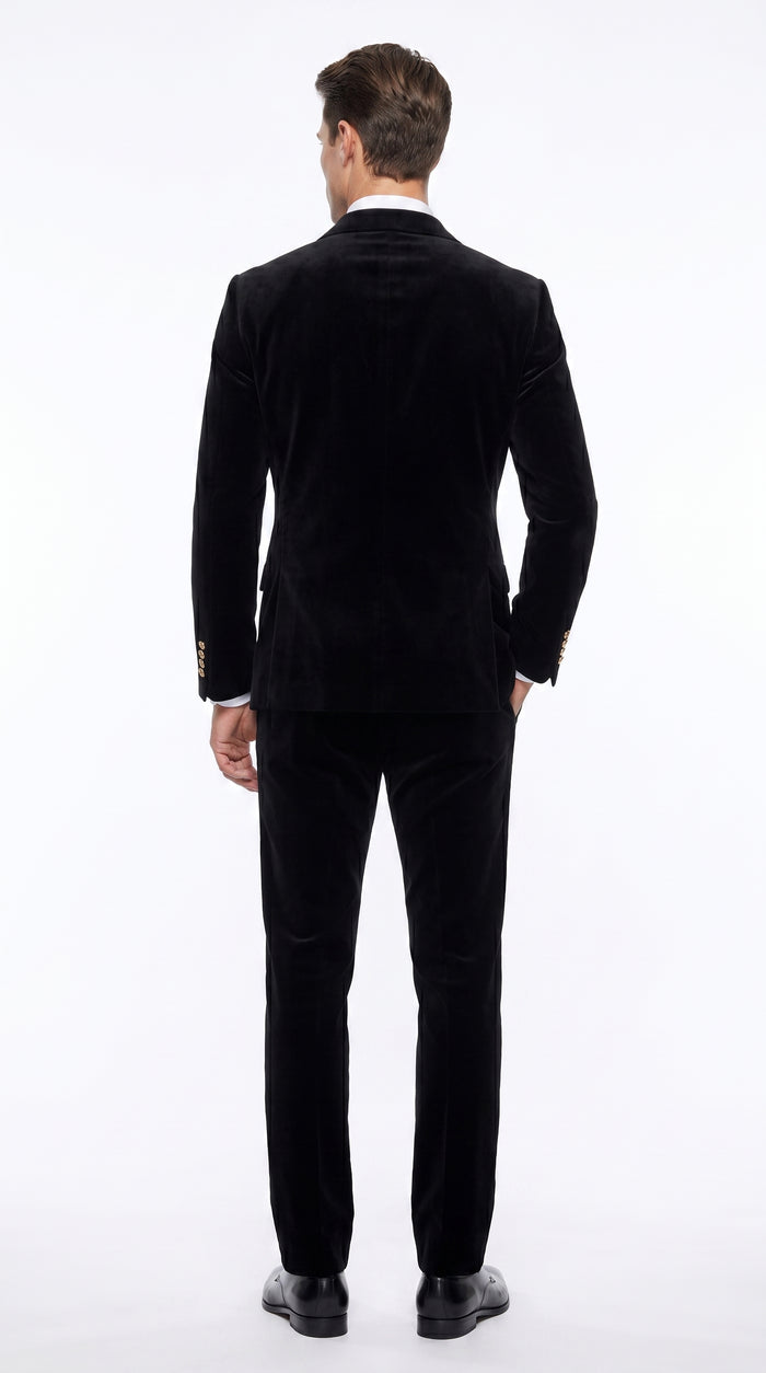 Men’s Rossi Man Zeus Black Velvet Double Breasted Tuxedo Suit, Formal Wedding Prom Dinner Suit Set