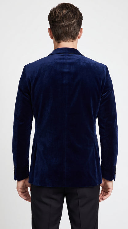 Men’s Navy Blue Velvet Tuxedo Jacket with Black Satin Lapel, Formal Sport Coat Dinner Blazer