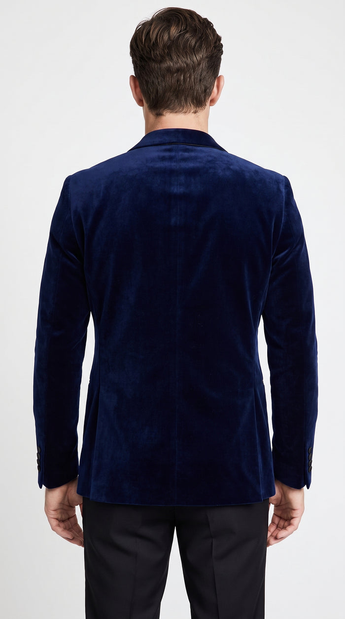 Men’s Navy Blue Velvet Tuxedo Jacket with Black Satin Lapel, Formal Sport Coat Dinner Blazer