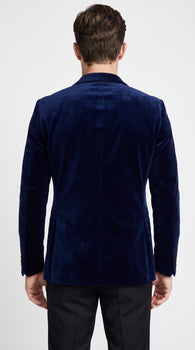 Men’s Navy Blue Velvet Tuxedo Jacket with Black Satin Lapel, Formal Sport Coat Dinner Blazer