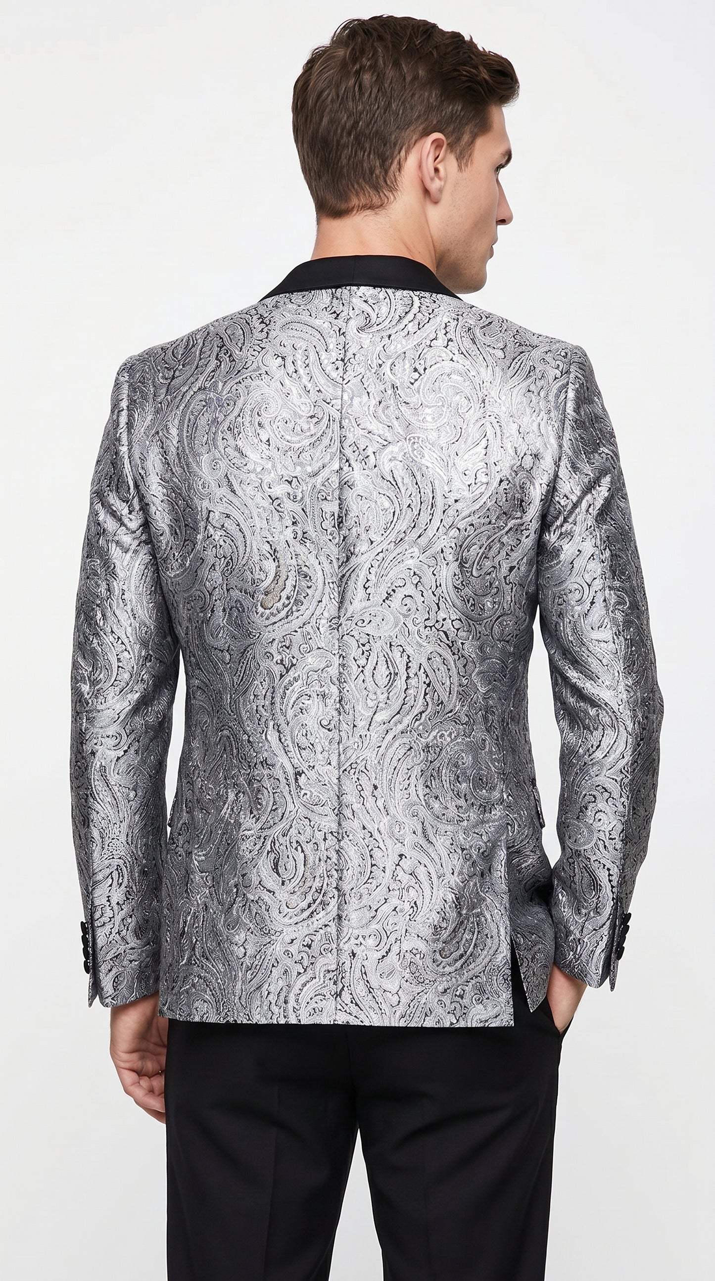 Alberto Nardoni Men's Silver Gray & Black Paisley Sequin Tuxedo Suit with Black Satin Shawl Lapel