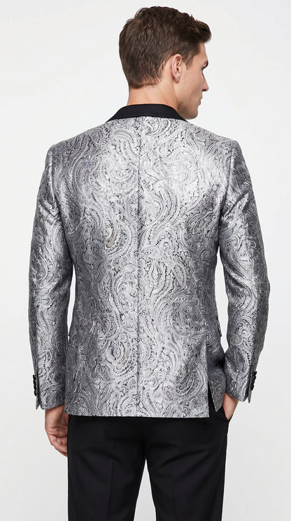 Alberto Nardoni Men's Silver Gray & Black Paisley Sequin Tuxedo Suit with Black Satin Shawl Lapel