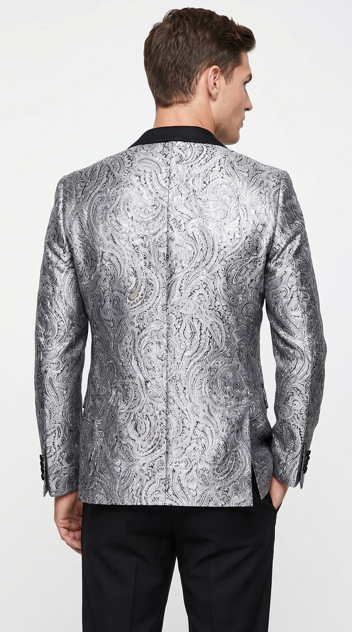 Alberto Nardoni Men's Silver Gray & Black Paisley Sequin Tuxedo Suit with Black Satin Shawl Lapel