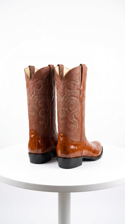 Men’s Cognac Eel Skin Western Boots, Exotic Cowboy Dress Boots for Ranch and Country Wear